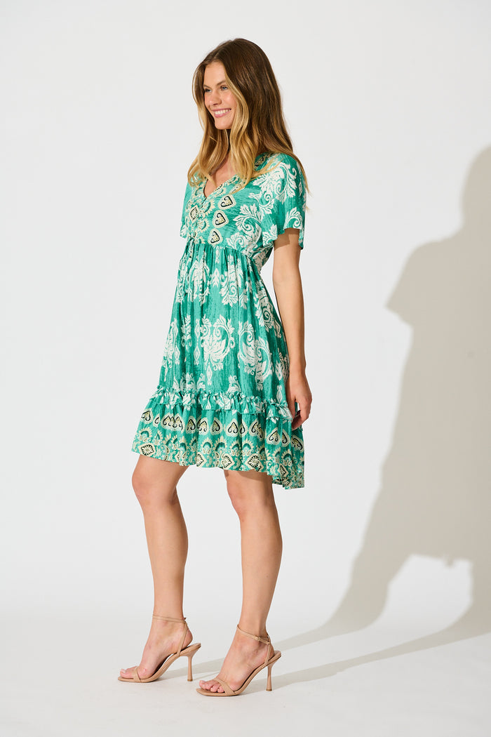 Zanayah Dress in Green with White Boho Print back
