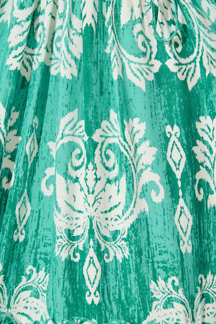 Zanayah Dress in Green with White Boho Print fabric