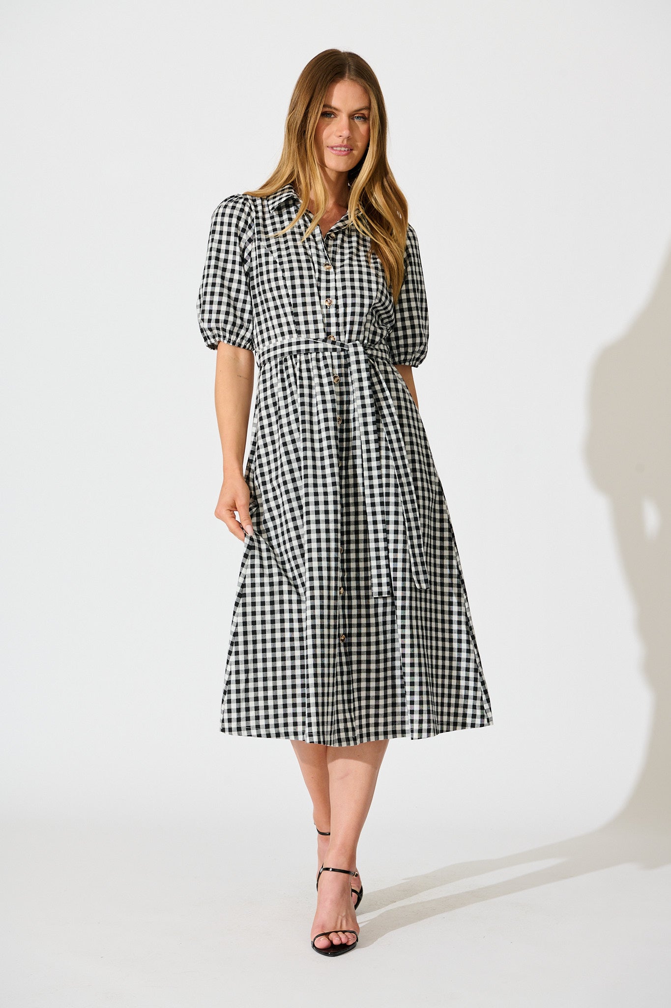 knee length dresses for ladies Elianna Midi Shirt Dress Black White Gingham Cotton knee length dresses for ladies Elianna Midi Shirt Dress Black White Gingham Cotton