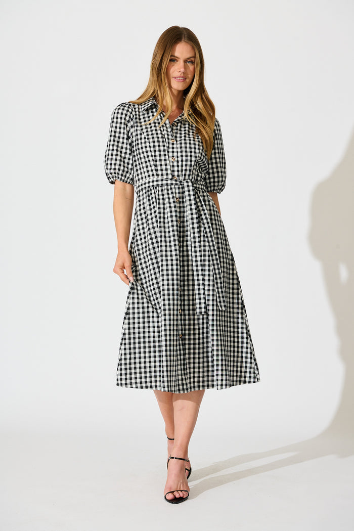 Elianna Midi Shirt Dress Black White Gingham Cotton | St Frock Elianna Midi Shirt Dress Black White Gingham Cotton | St Frock