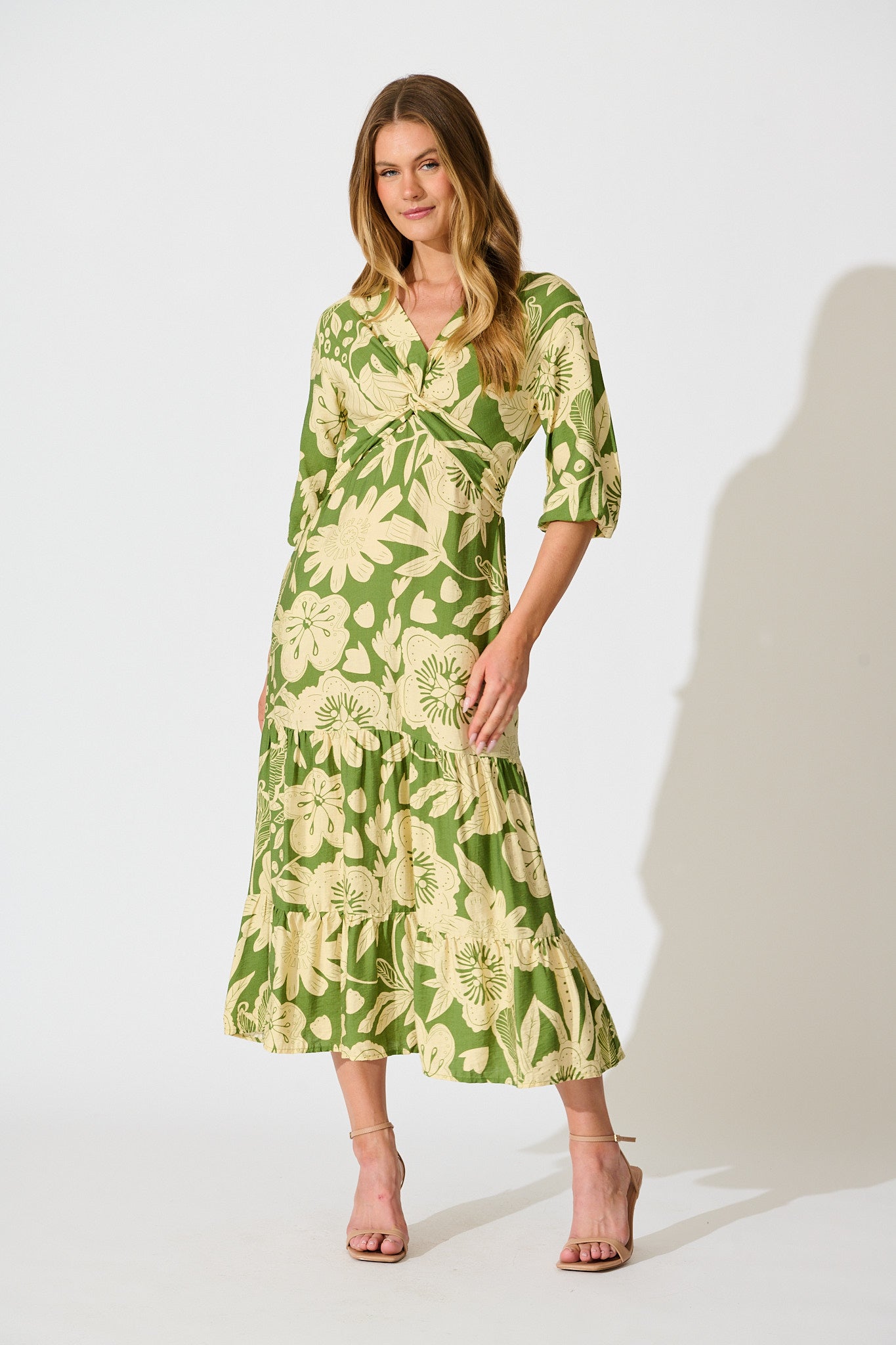 Sonnet Midi Dress in Green with Cream Floral | St Frock