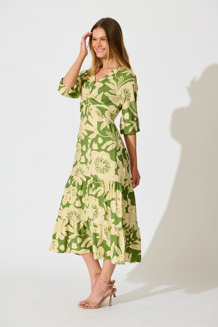 Sonnet Midi Dress in Green with Cream Floral side