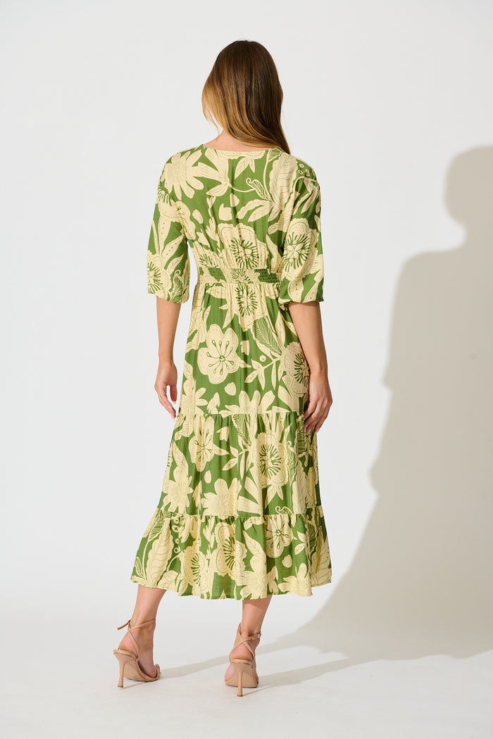 green and cream dress Sonnet Midi Dress in Green with Cream Floral