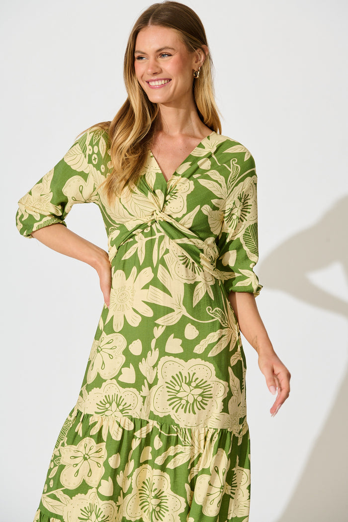 Sonnet Midi Dress in Green with Cream Floral | St Frock Sonnet Midi Dress in Green with Cream Floral | St Frock