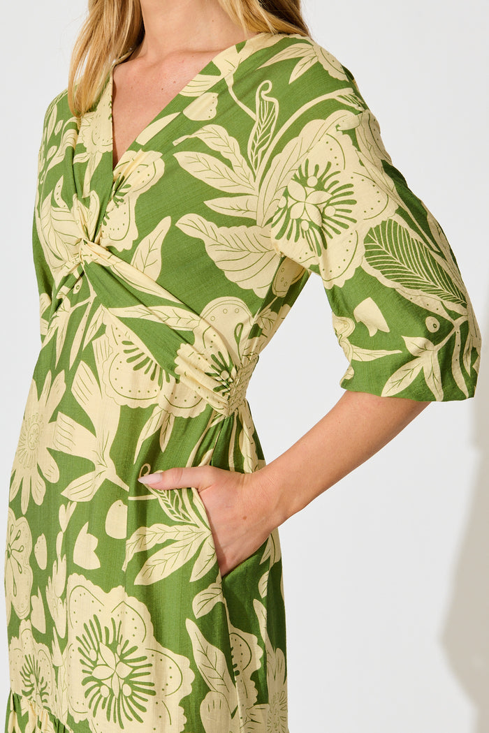 Sonnet Midi Dress in Green with Cream Floral detail