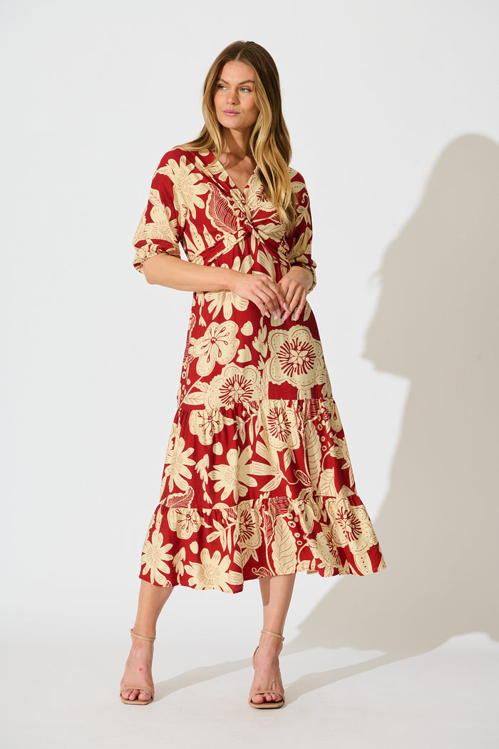 Sonnet Midi Dress in Red with Cream Floral full length