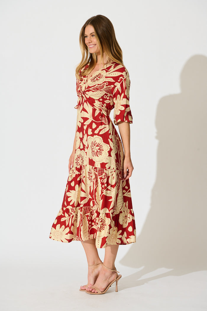 Sonnet Midi Dress in Red with Cream Floral side