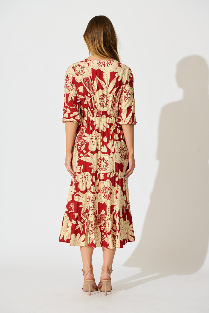 Sonnet Midi Dress in Red with Cream Floral back