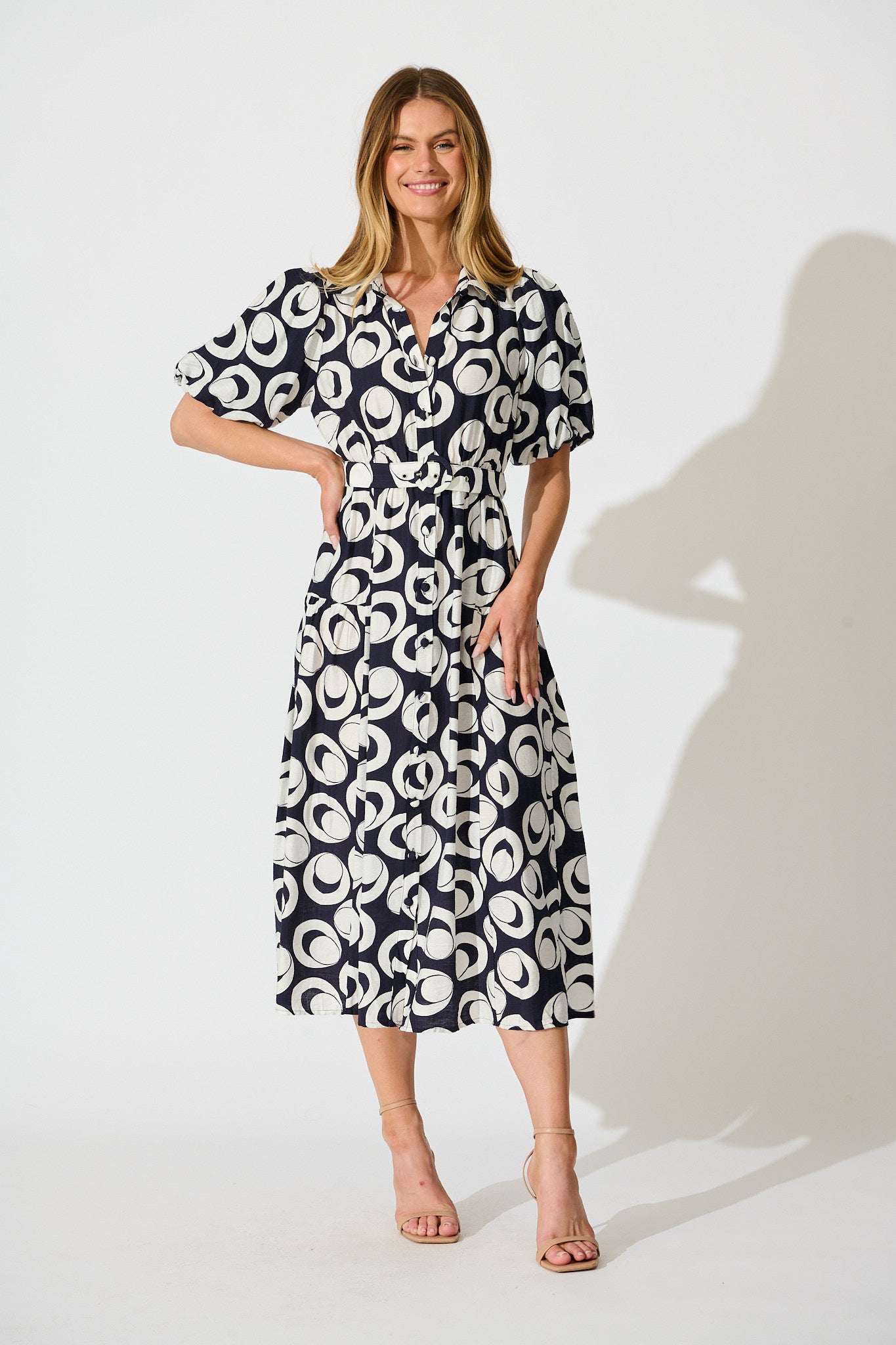 Asazie Midi Shirt Dress in Navy with White Print full length