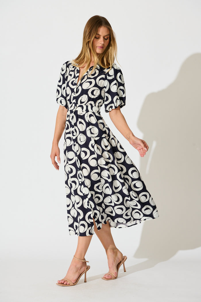 Asazie Midi Shirt Dress in Navy with White Print side