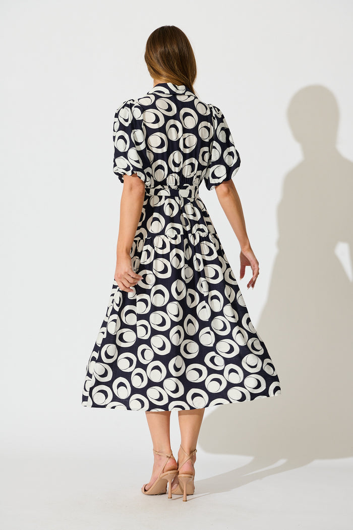 Asazie Midi Shirt Dress in Navy with White Print back