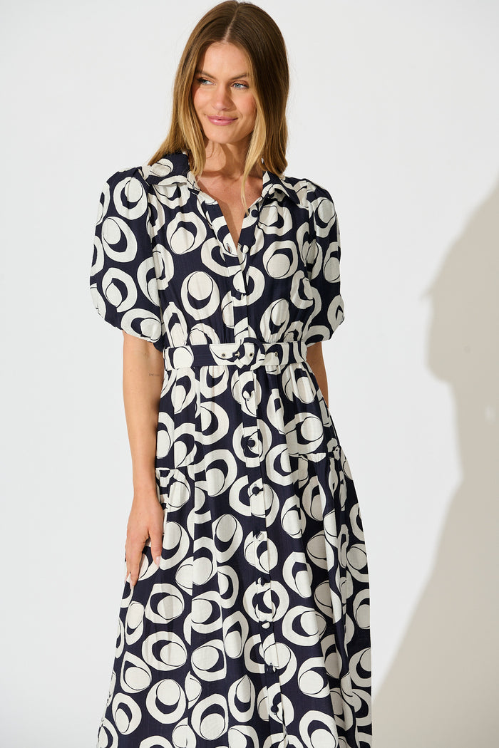 Asazie Midi Shirt Dress in Navy with White Print front