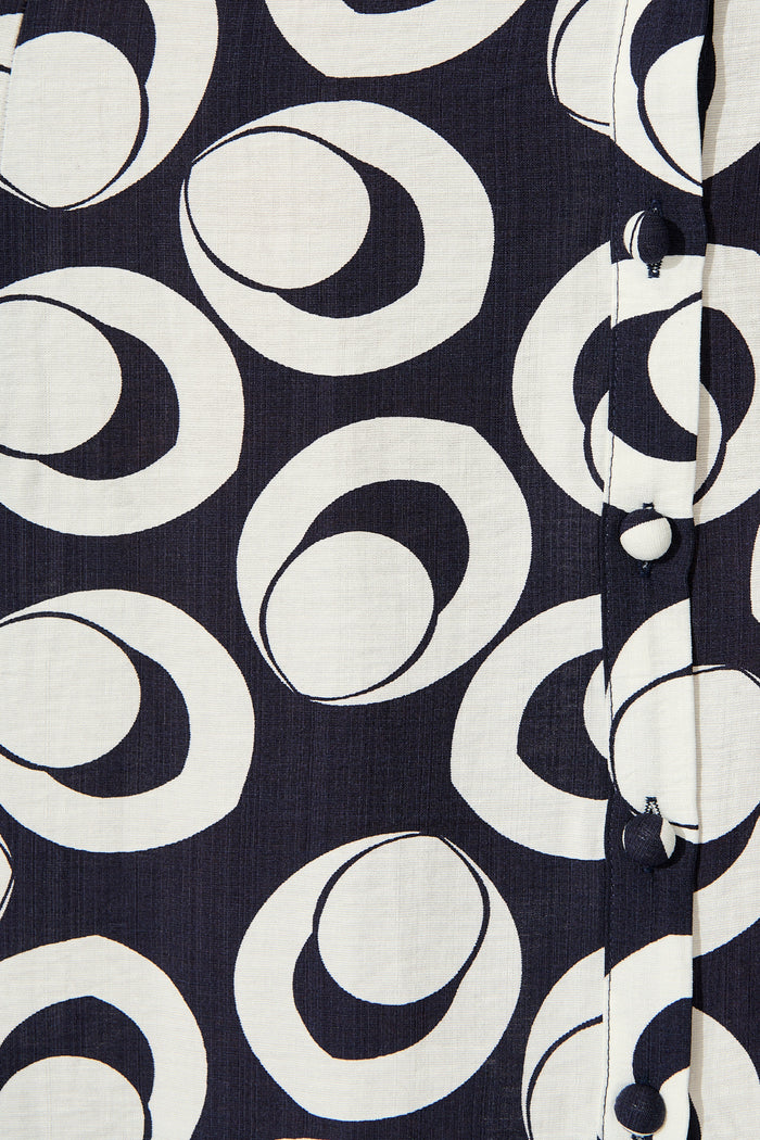 Asazie Midi Shirt Dress in Navy with White Print fabric