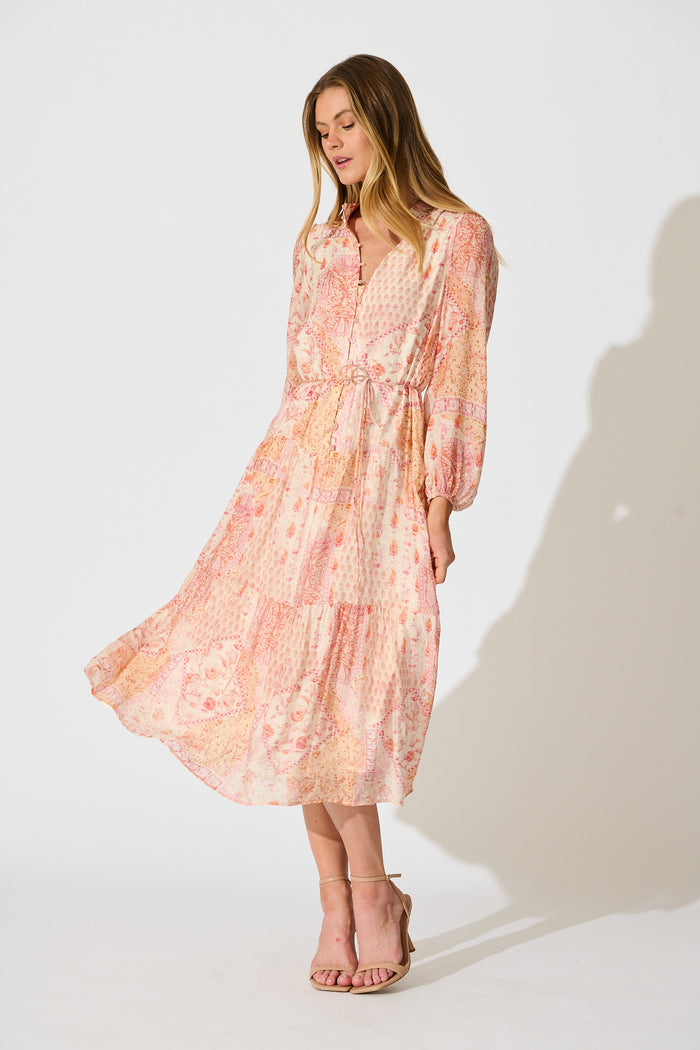 peach and cream maxi dress Peach Vintage Floral Sleeveless Maxi Dress