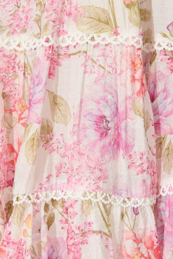 Wrenley Dress in White with Pink Floral fabric