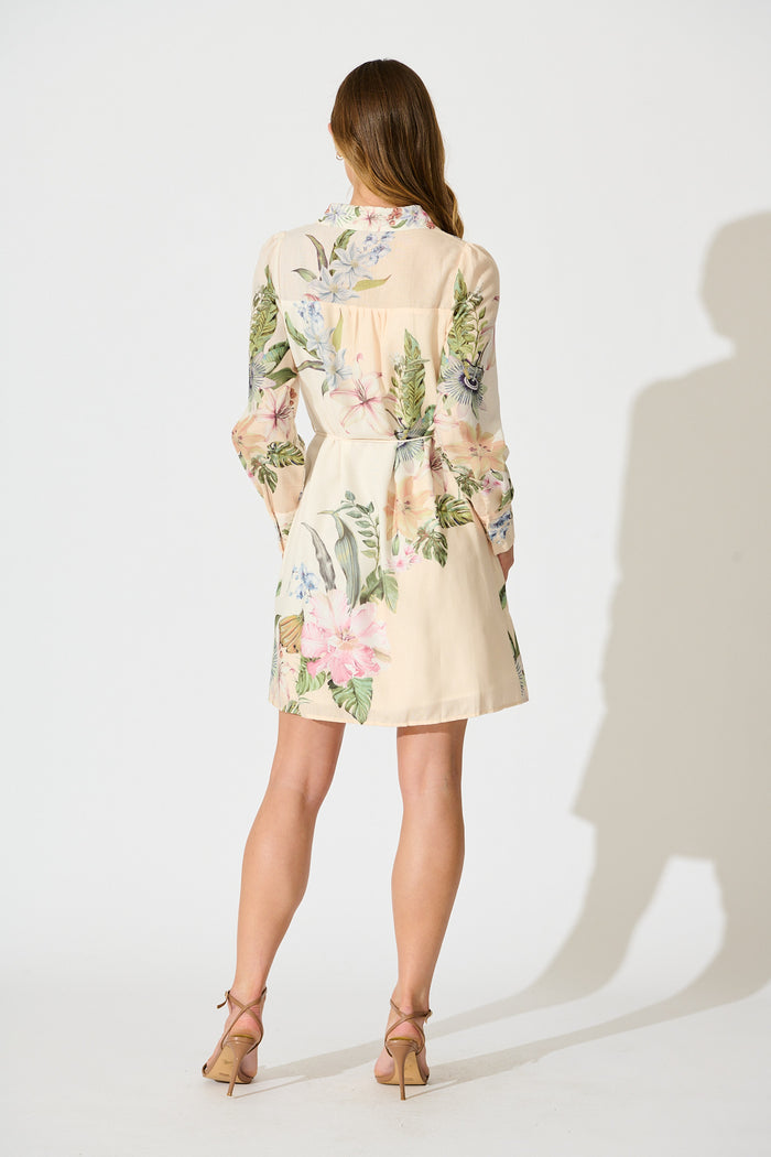 Josiana Shirt Dress in Cream with Green Floral Linen Blend back