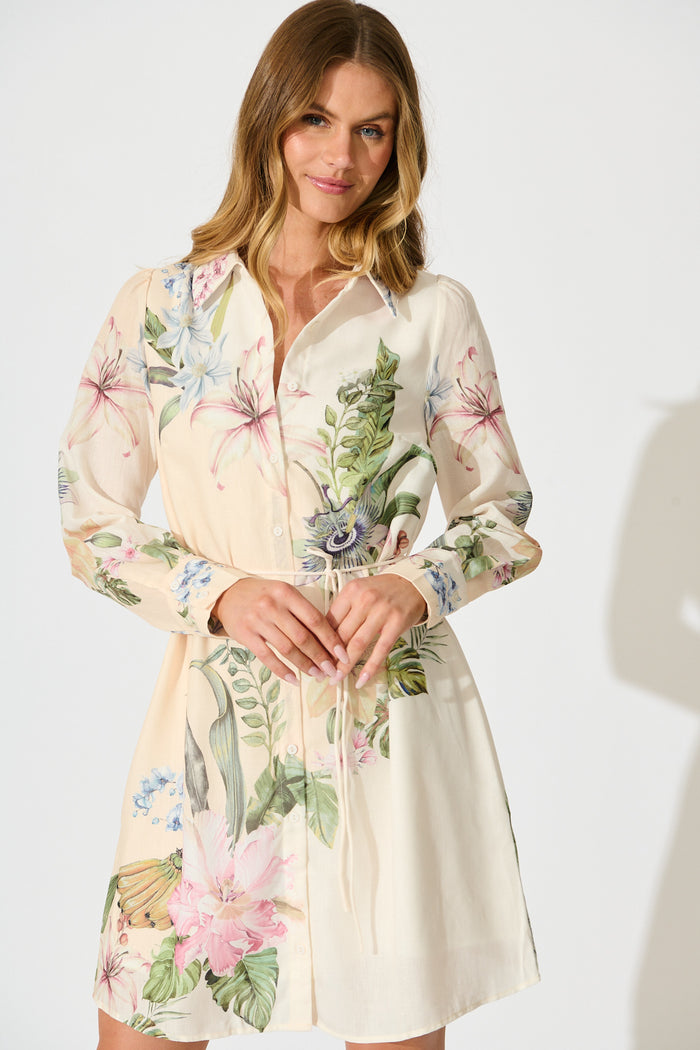 Josiana Shirt Dress in Cream with Green Floral Linen Blend front