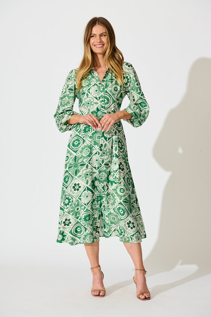 Syren Midi Shirt Dress in Green Tile Print full length