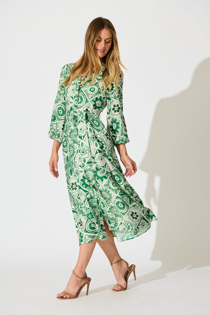 Syren Midi Shirt Dress in Green Tile Print side