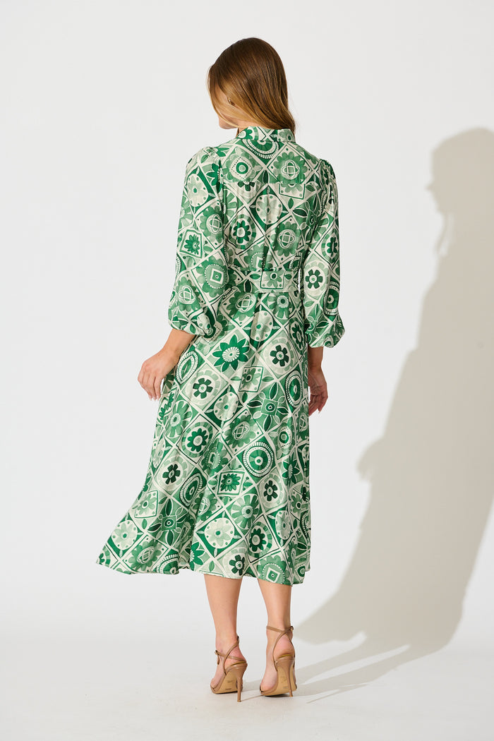 Syren Midi Shirt Dress in Green Tile Print back