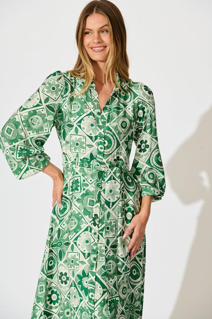 Syren Midi Shirt Dress in Green Tile Print front