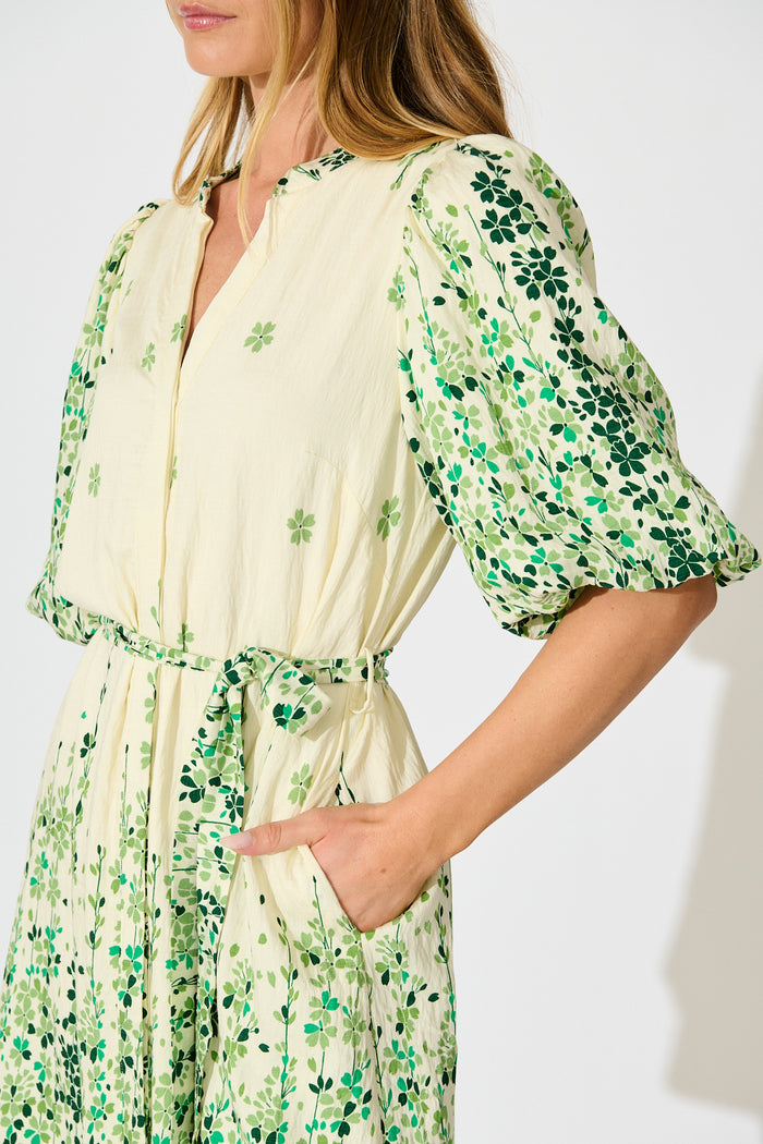 Valara Dress in Cream with Green Floral detail