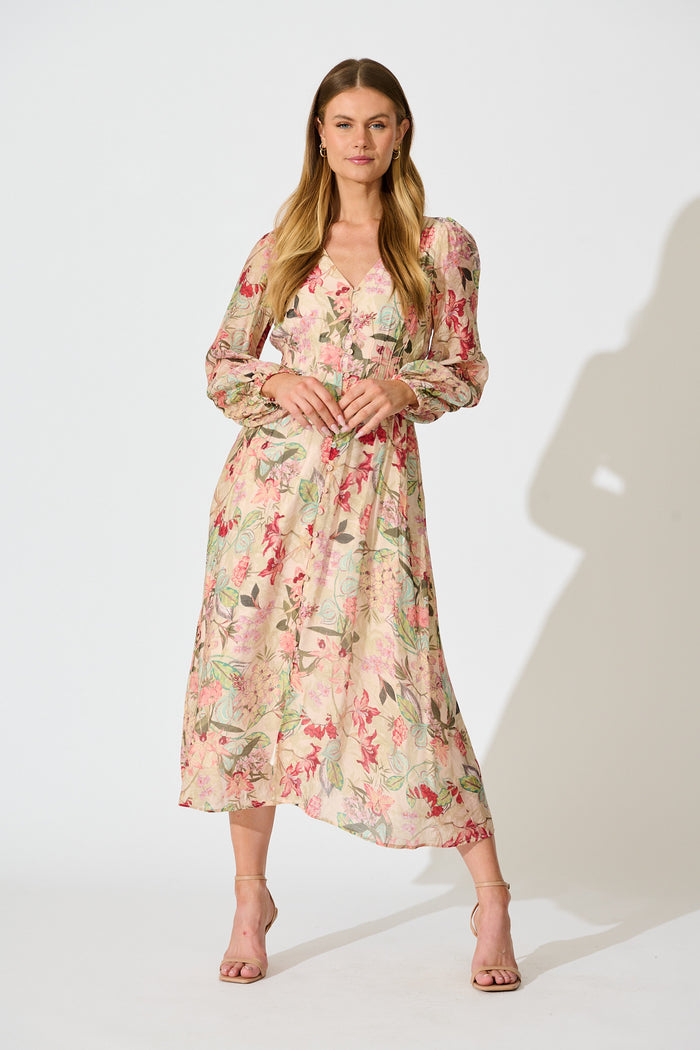 Mirea Maxi Dress in Beige with Multi Floral Print full length