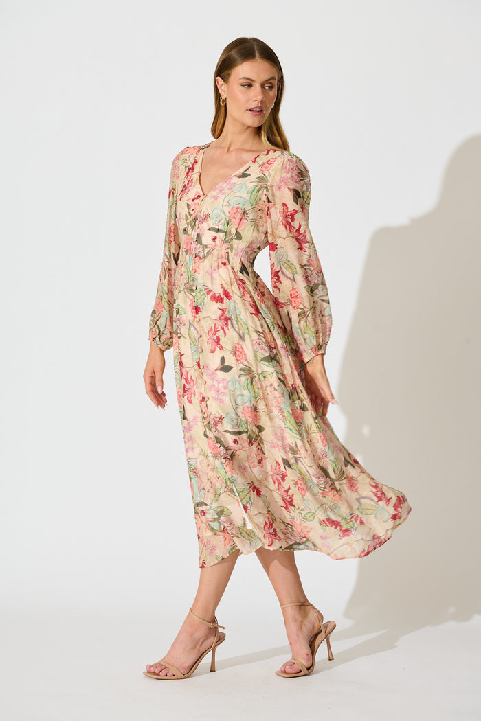 Mirea Maxi Dress in Beige with Multi Floral Print side