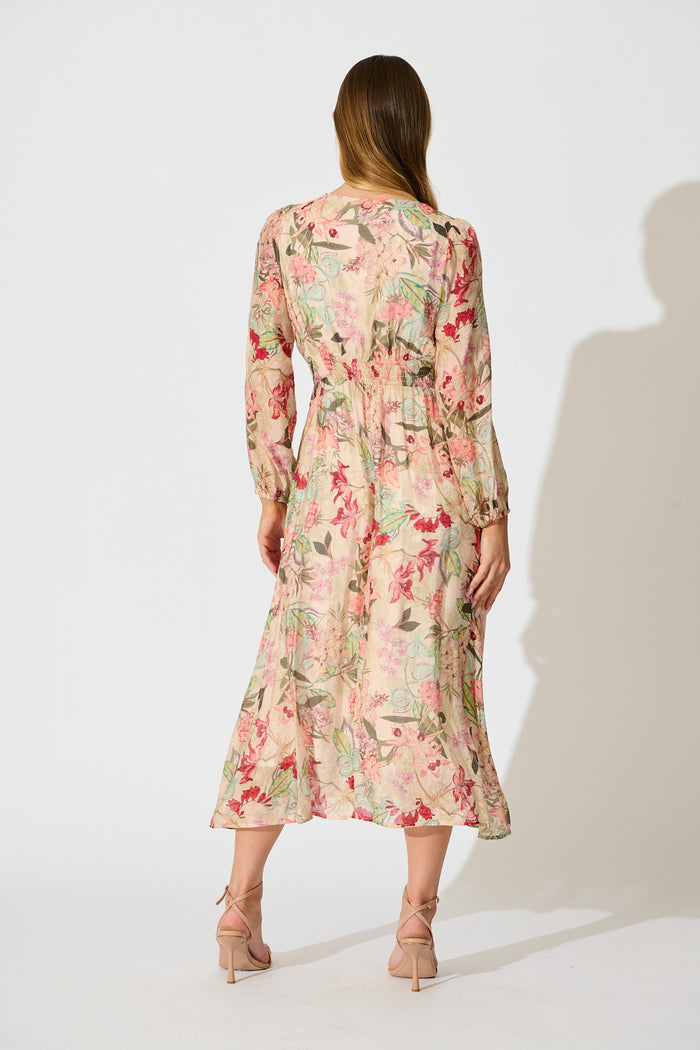 Mirea Maxi Dress in Beige with Multi Floral Print back