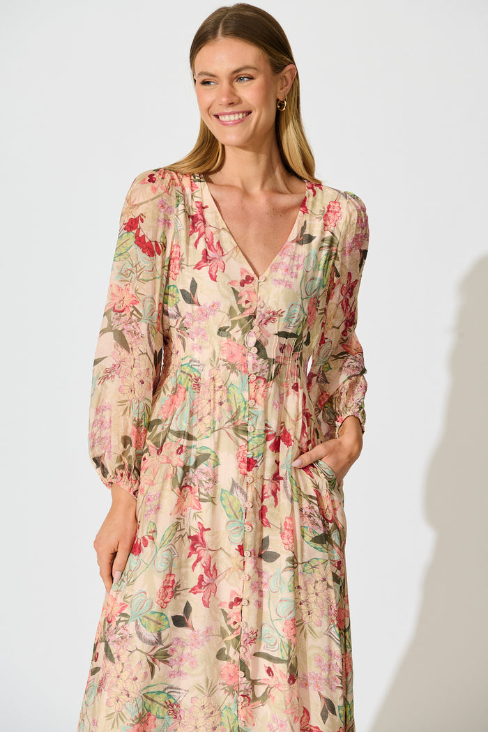 Mirea Maxi Dress in Beige with Multi Floral Print front