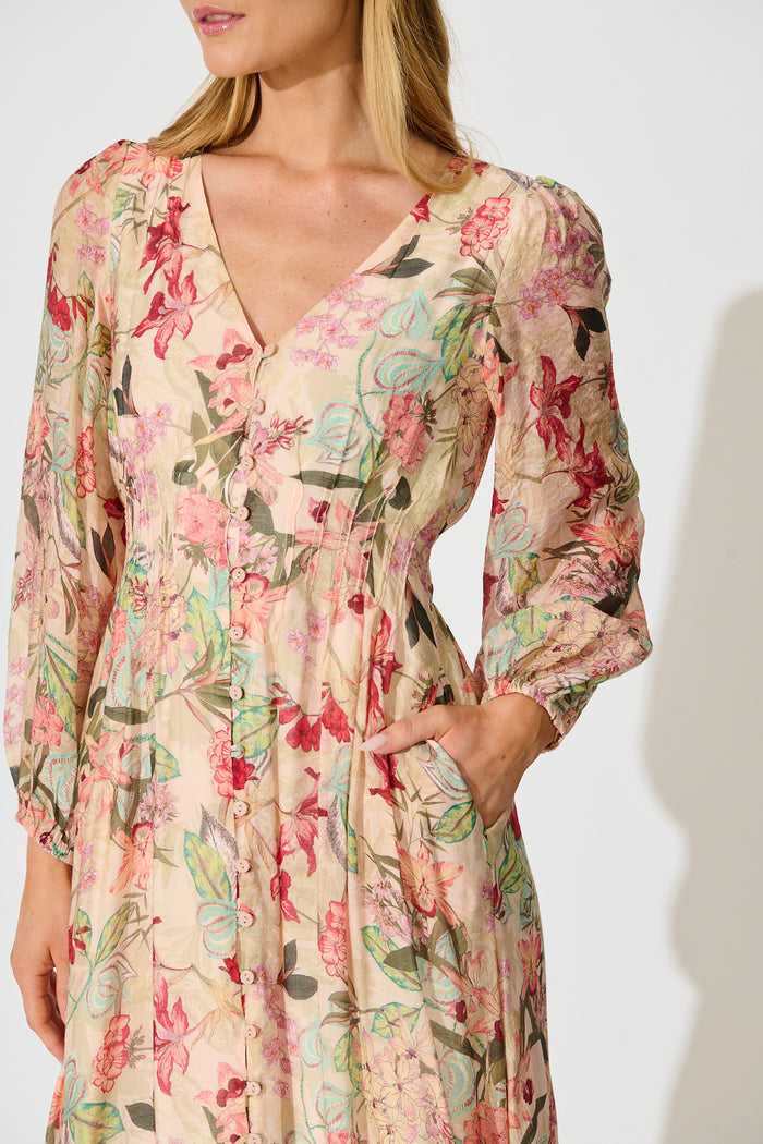 Mirea Maxi Dress in Beige with Multi Floral Print detail