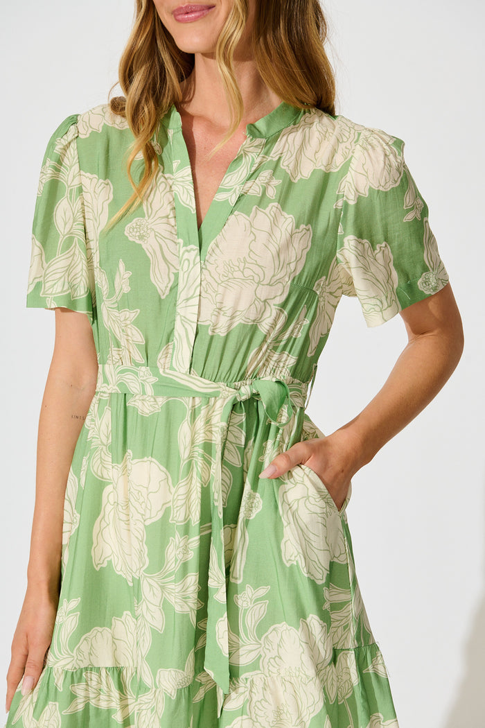 Illiana Dress in Green and Cream Floral detail