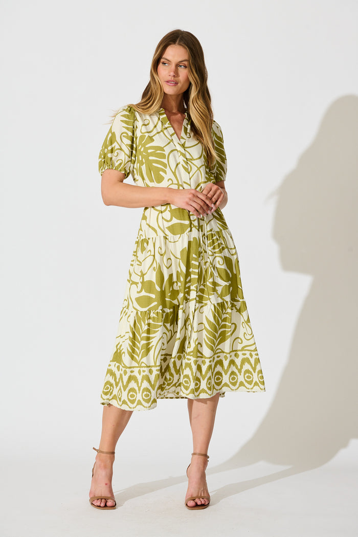 Mariza Midi Dress in Green with Cream Leaf Print full length