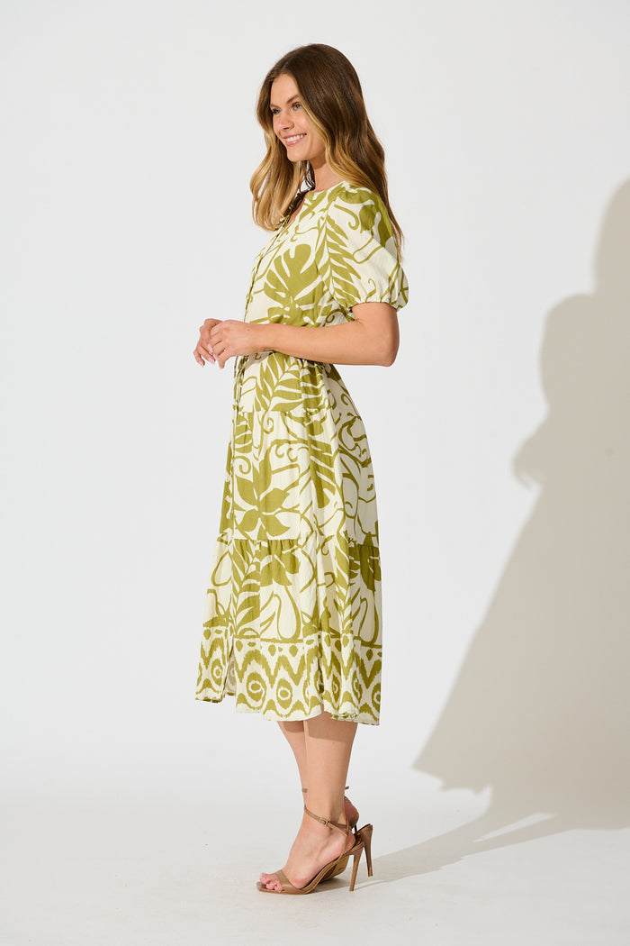 Mariza Midi Dress in Green with Cream Leaf Print side