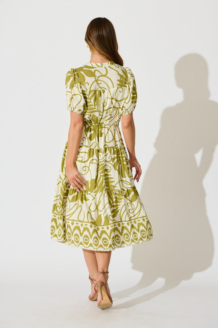 Mariza Midi Dress in Green with Cream Leaf Print back