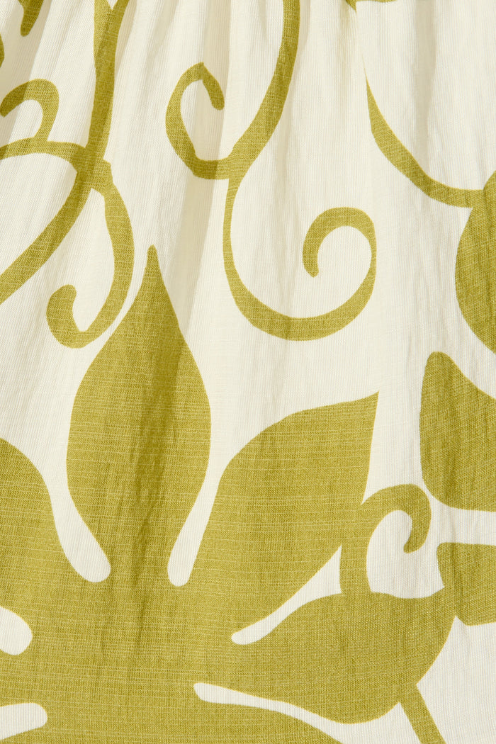 Mariza Midi Dress in Green with Cream Leaf Print fabric