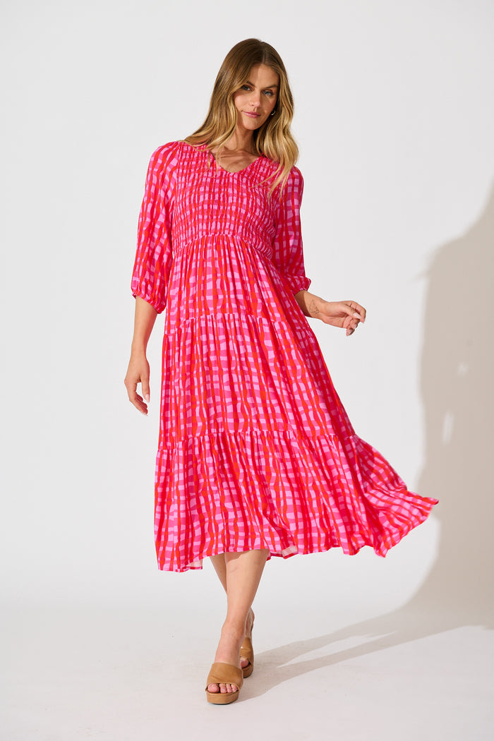 Riala Midi Dress in Multi Pink Gingham full length
