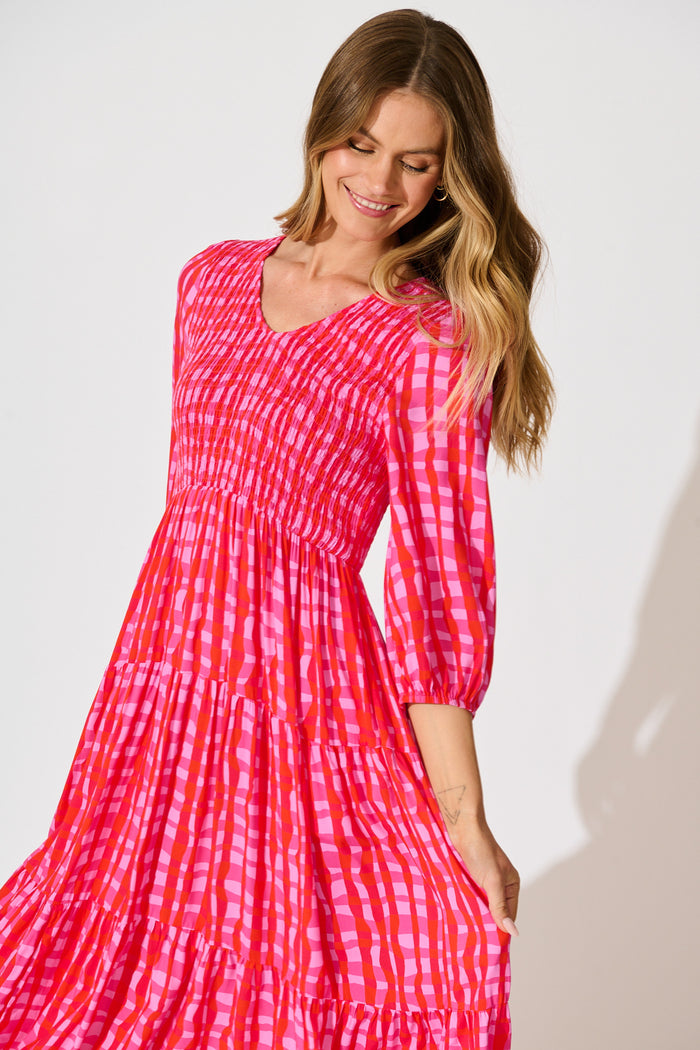 Riala Midi Dress in Multi Pink Gingham front