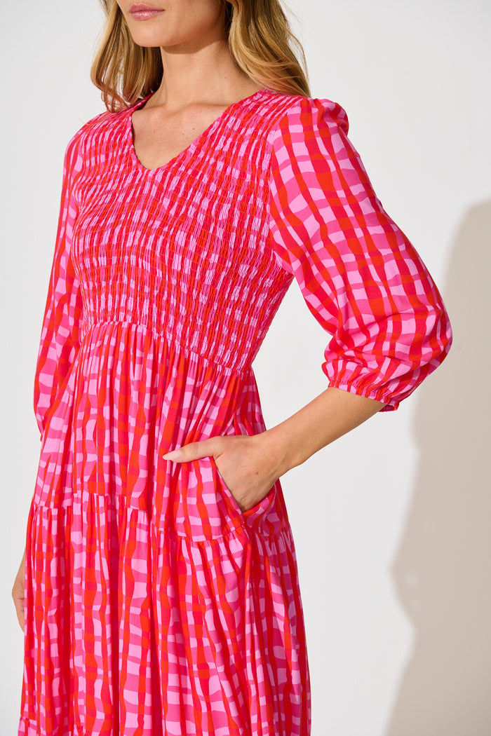 Riala Midi Dress in Multi Pink Gingham detail