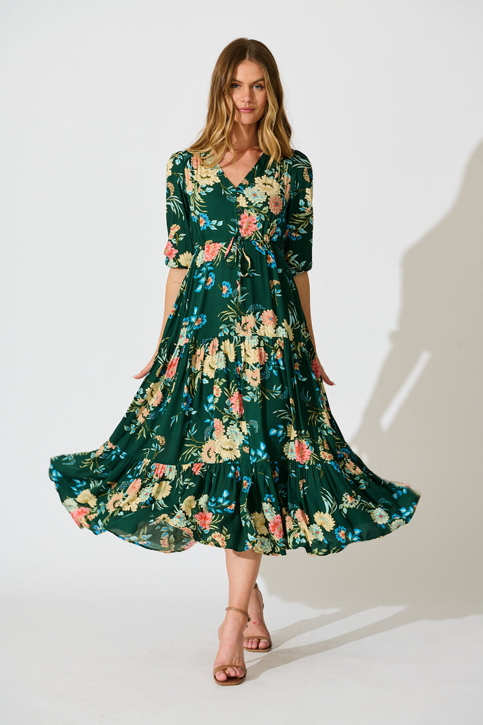 Jolanta Midi Dress in Emerald with Multi Floral full length