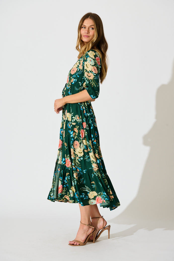 Jolanta Midi Dress in Emerald with Multi Floral side