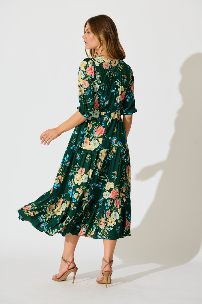Jolanta Midi Dress in Emerald with Multi Floral back