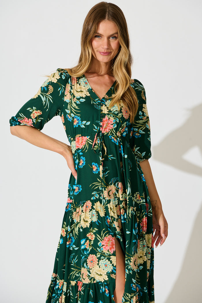 Jolanta Midi Dress in Emerald with Multi Floral front