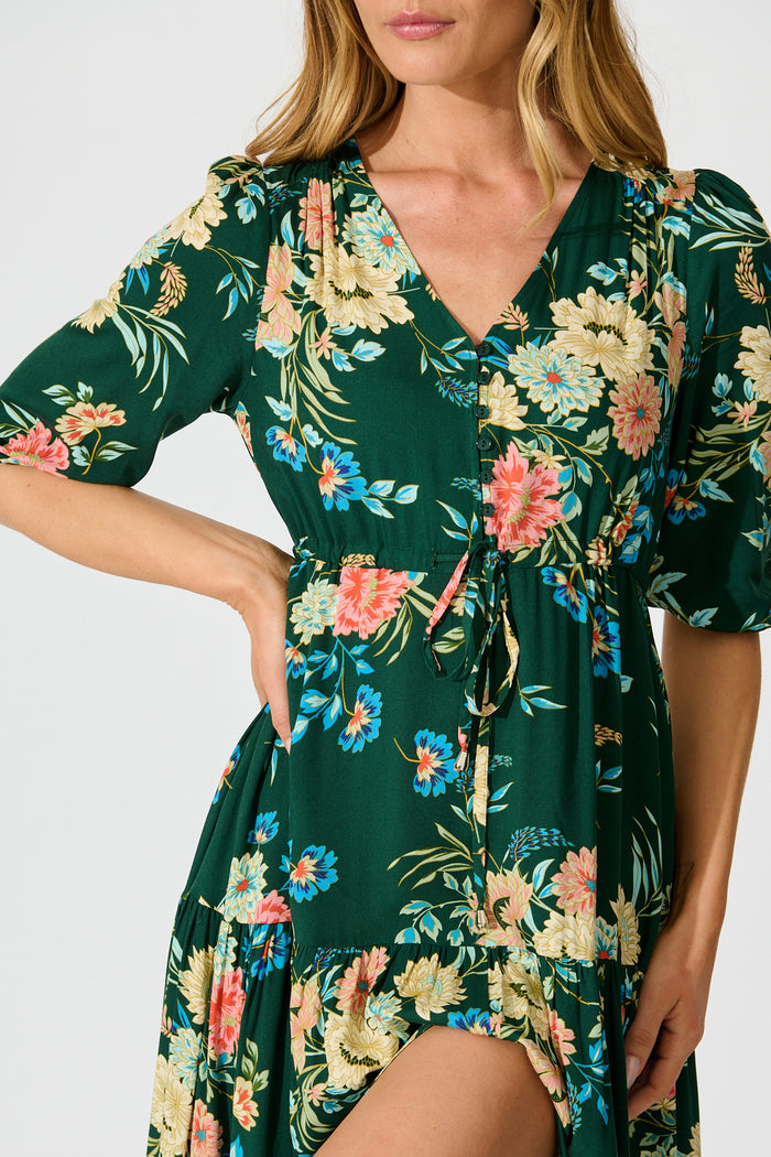 Jolanta Midi Dress in Emerald with Multi Floral detail