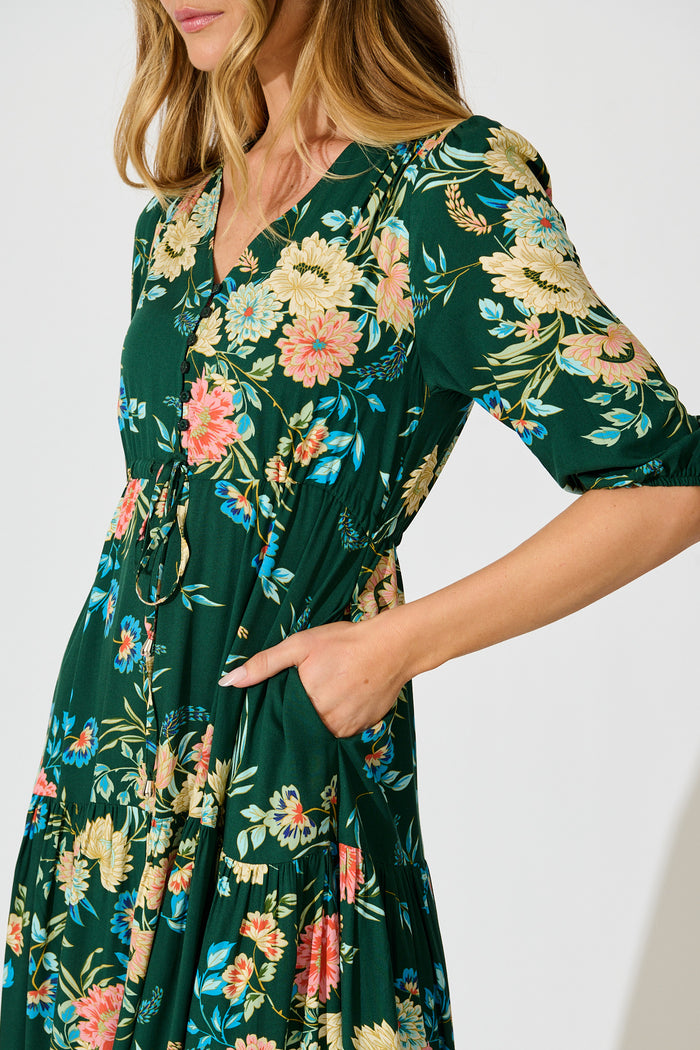 Jolanta Midi Dress in Emerald with Multi Floral detail