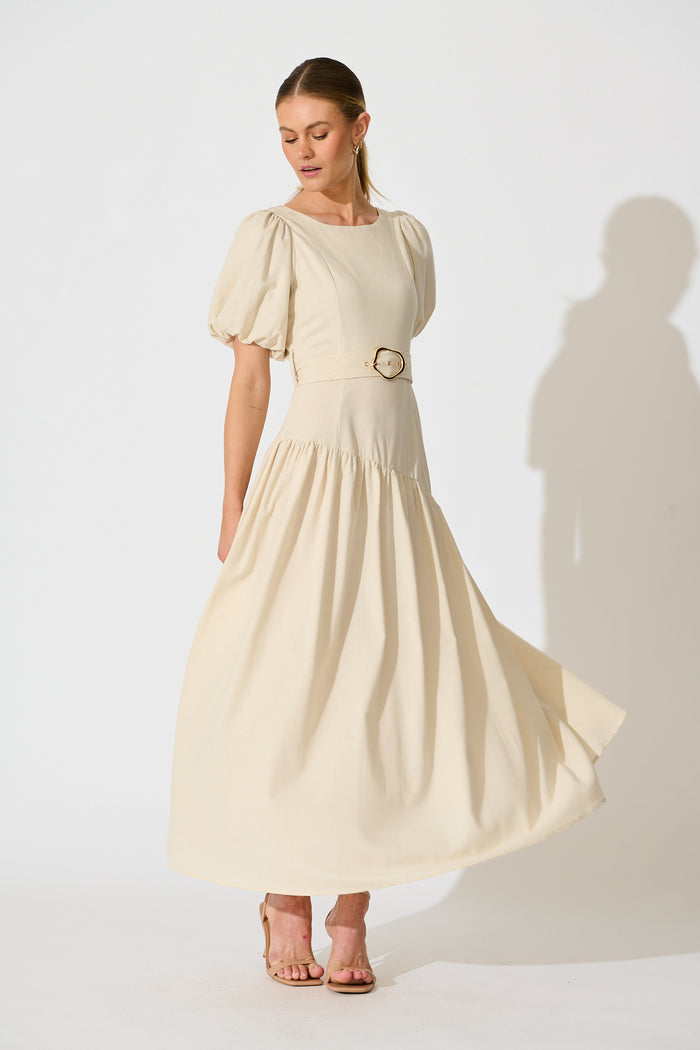 Isleen Maxi Dress in Oatmeal Linen Blend full length