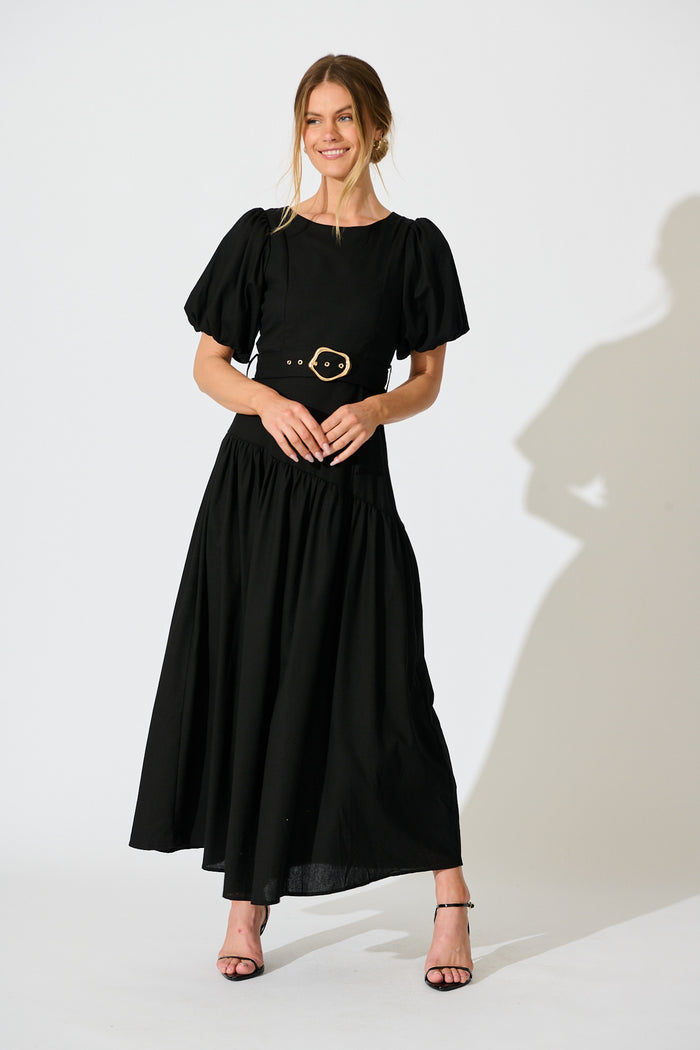 Isleen Maxi Dress in Black Linen Blend full length