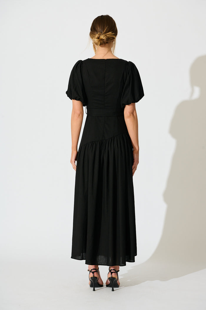 Isleen Maxi Dress in Black Linen Blend back