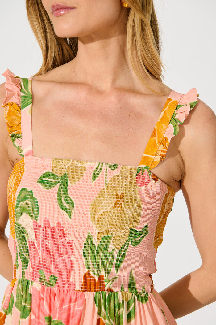Ellamae Maxi Sundress in Peach Floral Cotton detail