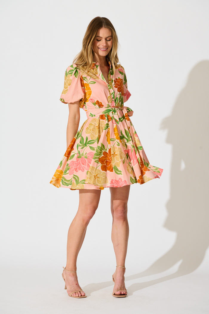 Beck Shirt Dress in Peach Floral Cotton full length
